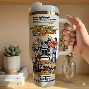 Smokey and The Bandit 40oz Tumbler, Burt Reynolds Sally Fields, Black Handle, Old Movie Gift, Gift For Dad.