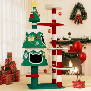 Christmas  Tree,  Tower for Indoor Cats with 2  Condos, Thickened   ,Cute  Furniture with DIY Christmas-Themed Stickers and LED String Lights