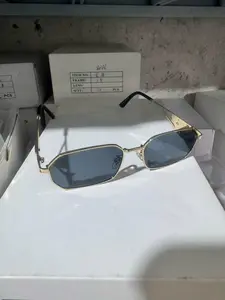 Luxury Rectangle Sunglasses For Men & Women – Vintage Gold Frame Blue Lens Eyewear, Retro Fashion UV Protection Glasses For Driving & Streetwear