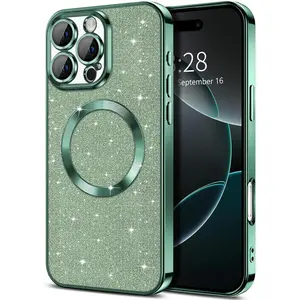 STANDARD GOODS for iPhone 16 Pro Max Case Glitter, Clear Magnetic Phone Cases with Camera Lens Protector [Compatible with MagSafe] Bling Sparkle Plating Soft TPU Slim Shockproof Protective Cover Women, Green