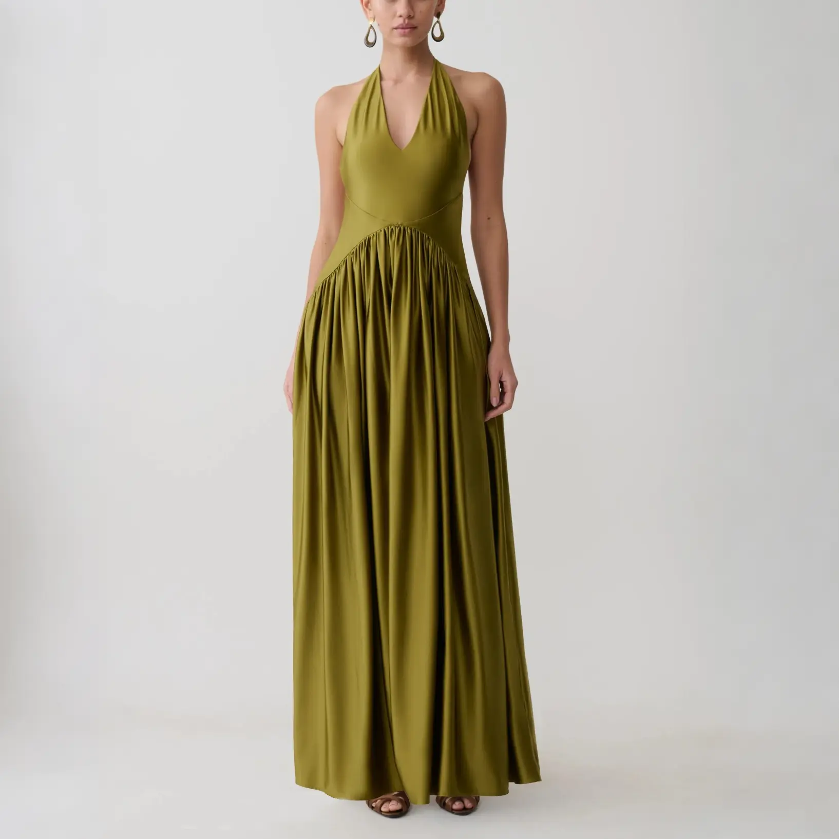 Women'sOliveGreenHalterSatinBacklessMaxiDress,PlungingVNeckSilkSlitFlowyGrecianGown,LiquidDrapeEmpireWaistGathered,GoddessAestheticTummyFriendlyPearShapeApprovedHourglassIllusionBustFlatteringDressforWeddingGuestSummerResortWearDateNightOutfit