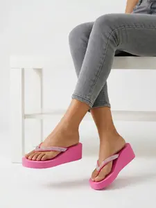 Summer New Rhinestone Thick Sole Sandals for Women, Wedge Platform Shoes, Beach & Poolside Height-Boosting Slippers