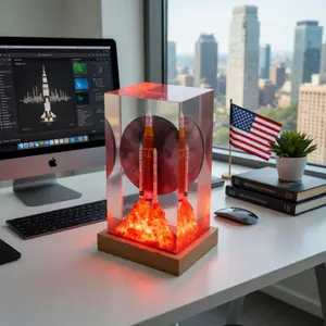 3D Rocket Launch Resin Sculpture Space Shuttle Moon Diorama Wood Base Home Decor Desk Shelf Decoration Modern Space Art Unique Gift for Space Lovers