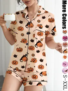 【Halloween】Women's Halloween Pajama Set, Casual Style Pumpkin Print Sleepwear, Loungewear, Spring & Fall Short Sleeve Lapel Top & Elastic Shorts