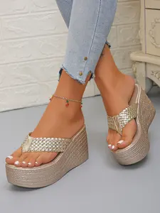 Women's Leather Texture Woven Strap Sandals, Thick Sole Platform Shoes, Comfortable Casual Wedge Flip Flops, Versatile Valentine's Day Gift