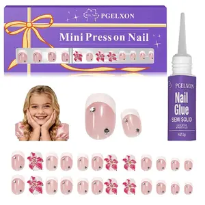 Kids Press on Nails, French with 3D Hibiscus Nail Charms Acrylic Press On Nails for Kids for 8-10, 24Pcs Square False Nail Tips with Nail Glue, Adhesive Tabs, Christmas Gift for 10-12 Girls