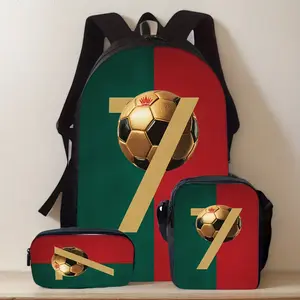 Portugal Ronaldo 3-Piece Backpack Set, Green Red Flag Print School Bag + Lunch Bag + Pencil Case, Oxford Cloth Adjustable Strap Daypack for Soccer Fans & Kids