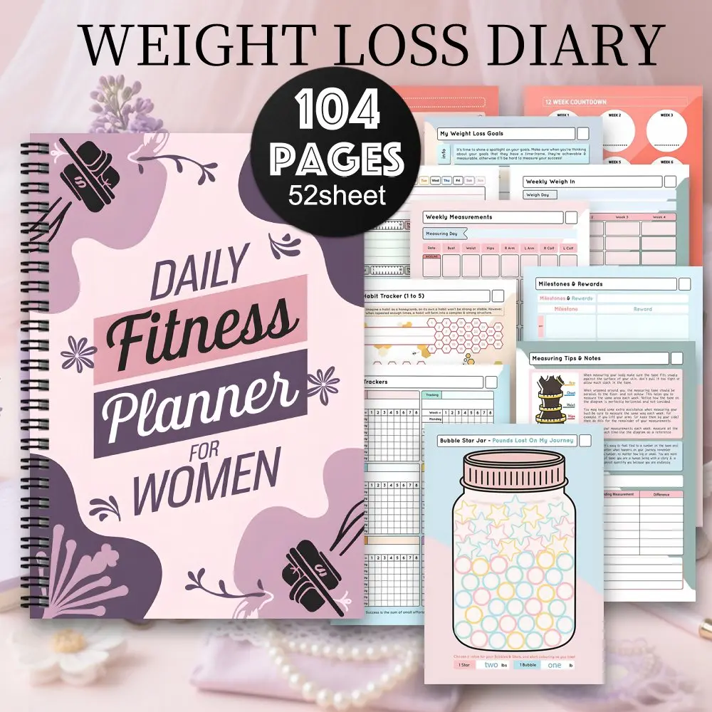 Fitness Plan, Fitness Journal and Weight Loss Diary for Women and Men, and Aesthetic Spiral Bound Workout Diary, Daily Exercise Tracker, Diet Plan, Progress Book, Planner Notebook