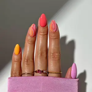 24 Pcs Press on Nails Almond Fake Nails Medium False Nails with Colorful Candy Color Curve Design Cute Acrylic Full Cover Glue on Nails for Women Girls Nail Art