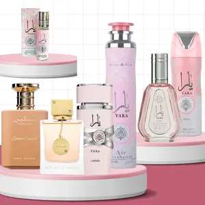 Lattafa Fragrance Gift Bundle - Women's Cosmetics with YARA Air Freshener Spray, Deodorant, 50ML Perfume, Roll-On Oil, Taskeen Caramel, Eclair, Club De Nuit, Rose, Vanilla, Glam Notes (Concentrated, Set, Luxury-Inspired, Fruit-Forward Fragrance Sets)