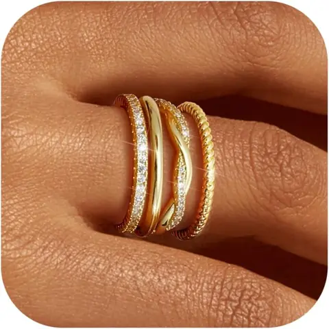 4 Pcs Stackable Rings for Women Non Tarnish Dainty 14K Gold Plated Stackable Thin Rings Cubic Zirconia Thumb Ring Set Trendy Statement Promise Bands Engagement Rings Wedding Jewelry GiftsSize 5-10 Dainty Stacking Rings