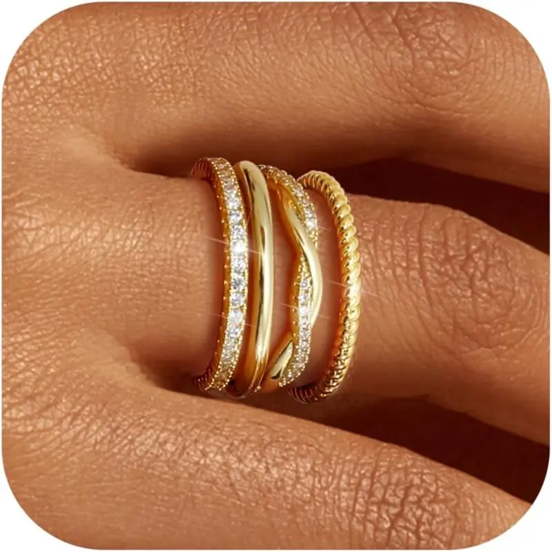 4 Pcs Stackable Rings for Women Non Tarnish Dainty 14K Gold Plated Stackable Thin Rings Cubic Zirconia Thumb Ring Set Trendy Statement Promise Bands Engagement Rings Wedding Jewelry GiftsSize 5-10 Dainty Stacking Rings