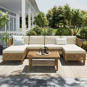 【1/2 Packages Shipping】Phivilla Boho Wicker Patio Furniture Sofa Set, 3-6 Seaters, Outdoor Rattan Sectional Sets Conversation Set - Weather-Resistant, with Dual Storage Coffee Table Acacia Wood Legs for Garden, Patio & Deck,SpringGlowUp