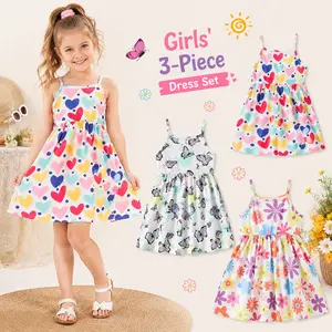 Toddler Girls 3-Pack Summer Dresses, Sleeveless Sundress Set with Polka Dot, Stripe and Sunflower Prints, Casual Outfit Bundle for Vacation and Daily Wear