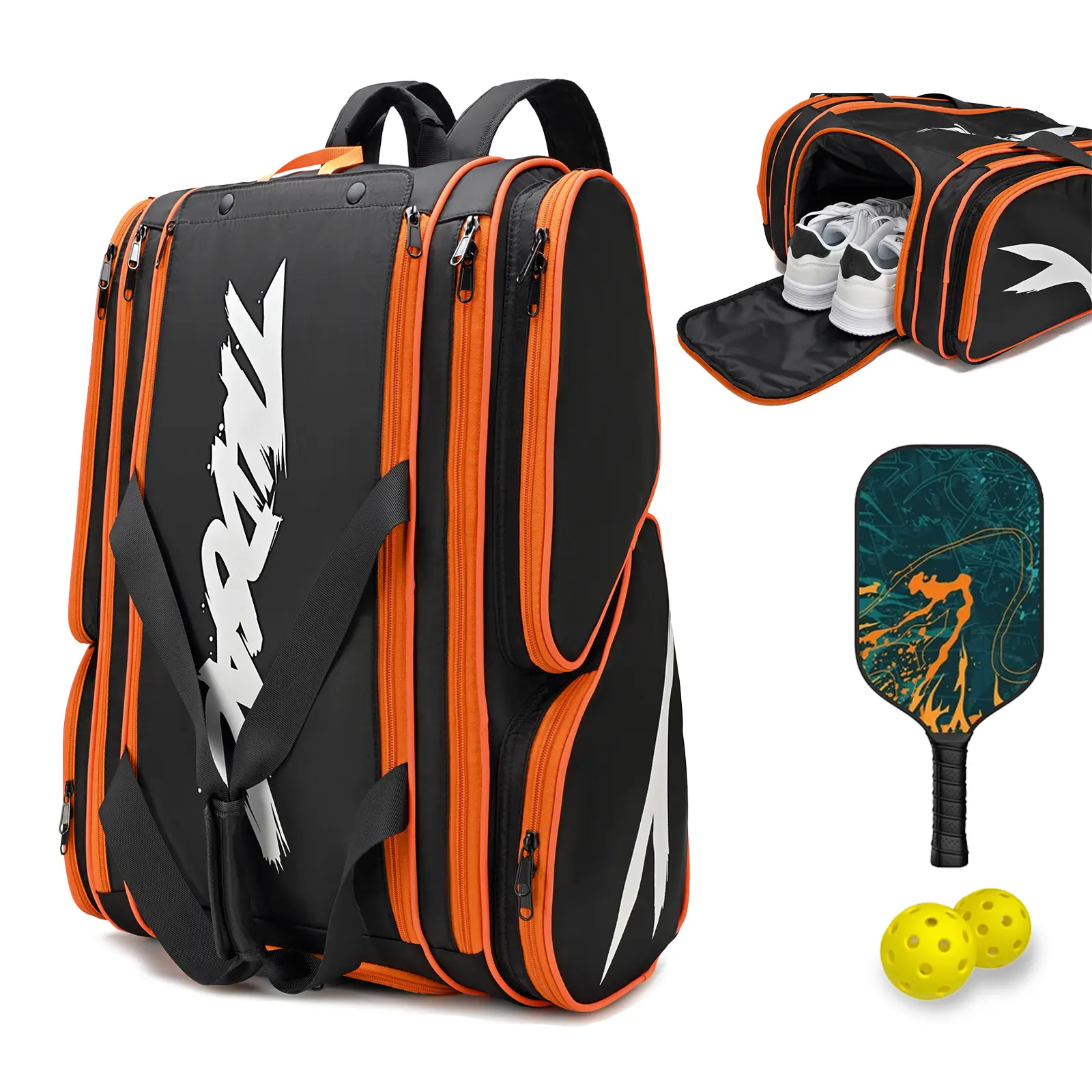 [High quality] TILDOSAC Pickleball Bag - Backpack & Duffle Bag For badminton & Pickleball Accessories - Large badminton bag Fits 4 Pickleball Paddles & Gear - Fence Hook, Extra Pockets,Shoe Compartment(Black Orange)
