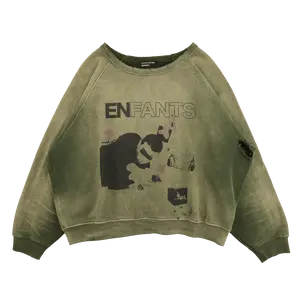 Women's Enfants Riches Déprimés My Death My Life Logo Raglan Crewneck Hoodie, Casual Long Sleeve Round Neck Tops, Gardener Green Multi