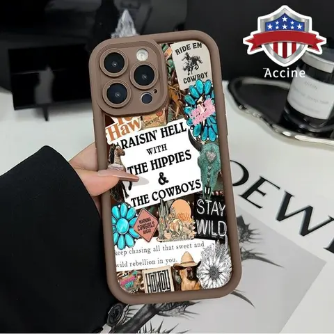 Durable Silicone iPhone Case Cover - 1.2mm Shockproof Anti-Drop Non-Slip, Cowboy Collage & Hippie Design, Camera-Safe, Pocket-Friendly for iPhone 17 Pro Max,16 Pro,16 Plus,15,14,13,12,11,Air E Protection Accessory