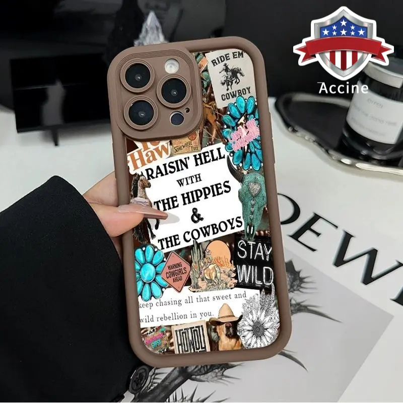 Durable Silicone iPhone Case Cover - 1.2mm Shockproof Anti-Drop Non-Slip, Cowboy Collage & Hippie Design, Camera-Safe, Pocket-Friendly for iPhone 17 Pro Max,16 Pro,16 Plus,15,14,13,12,11,Air E Protection Accessory