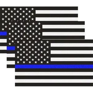 Reflective US Flag Decal Pack with Thin Blue Line for Cars & Trucks - Honoring Police Law Enforcement - 5 x 3 inch - 3-Pack