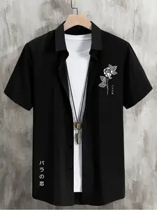 Men's Black Rose Print Short Sleeve Shirt, Japanese Kanji Graphic Button-down Shirt, Suitable for Streetwear and Summer Casual Wear