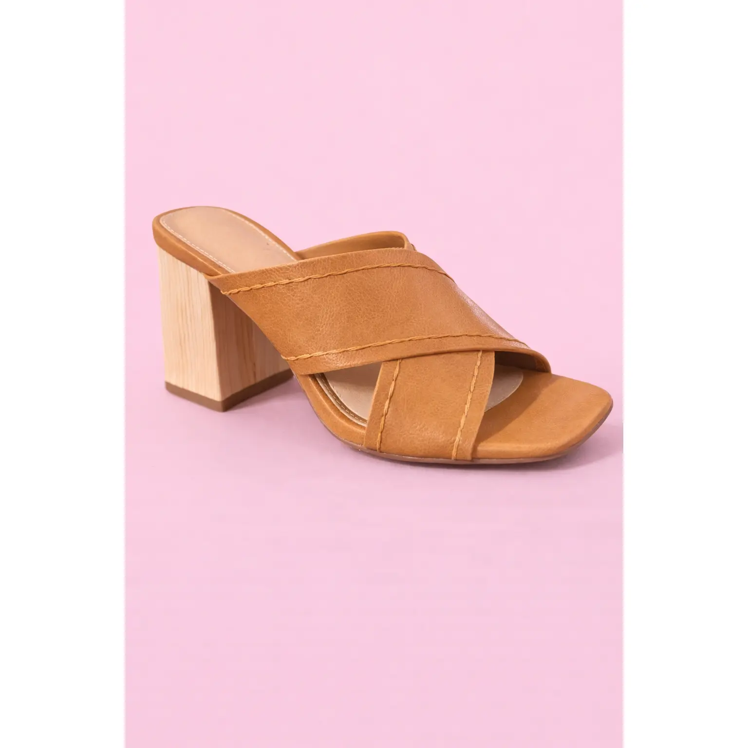 Jade Cross Strap Wooden Heel - Tan