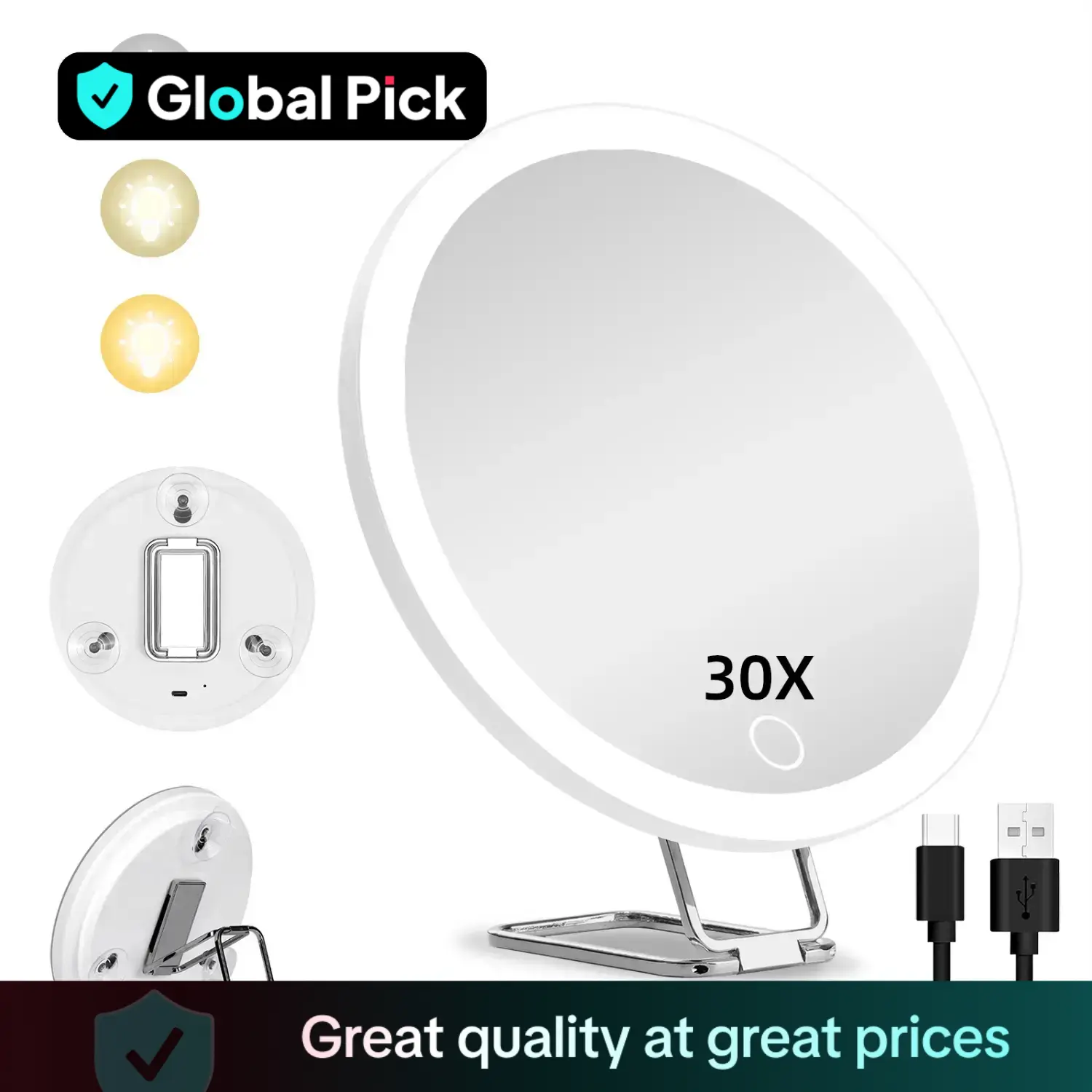 Rechargeable Lightweight Makeup Mirror, Adjustable Light Makeup Mirror with Metal Stand & 3 Suction Cup, LED Bathroom Mirrors, Portable Compact Travel