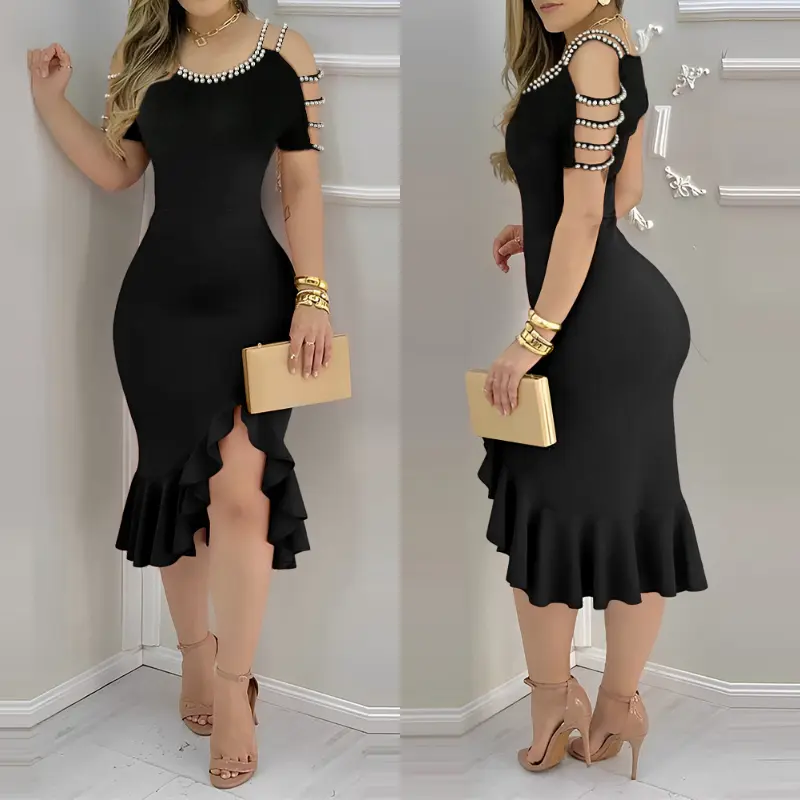 ChicMe Women’s Cold Shoulder Valentine's Day Beaded Bodycon Dress Ruffle Hem Wedding Guest Slim Fit Party Wedding Dress