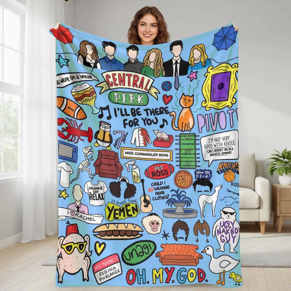 Summerwins Friends Themed Flannel Blanket - Central Perk Icons, Funny Quote Art, Wrinkle-Resistant, Anti-Pill, Cozy Aesthetic, Multi-Size, Soft Warm Sofa Throw for Watch Party, Daily Office Life, Adult General Use, Gift Decoration