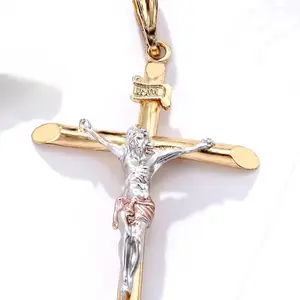 14k GoldPlated Tricolor Jesus Crucifix Cross Pendant Necklace with Cuban Link Chain and Rope Chain
