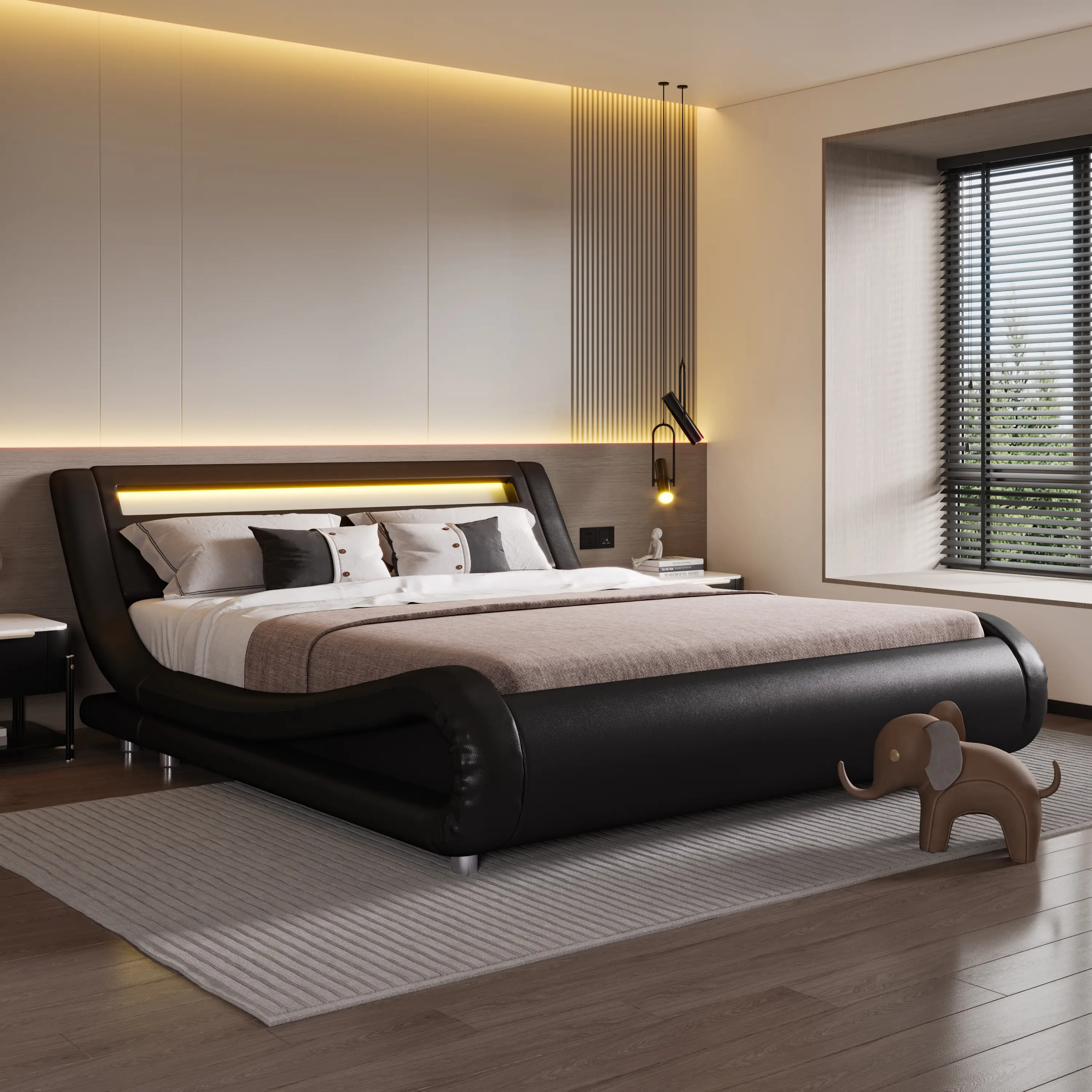 SHA CERLIN Deluxe Upholstered LED Bed Frame, Full/Queen/King/【Frame Only No Mattress】Adjustable Headboard/Low-Profile Sleigh Design/Sturdy Wood Slat S