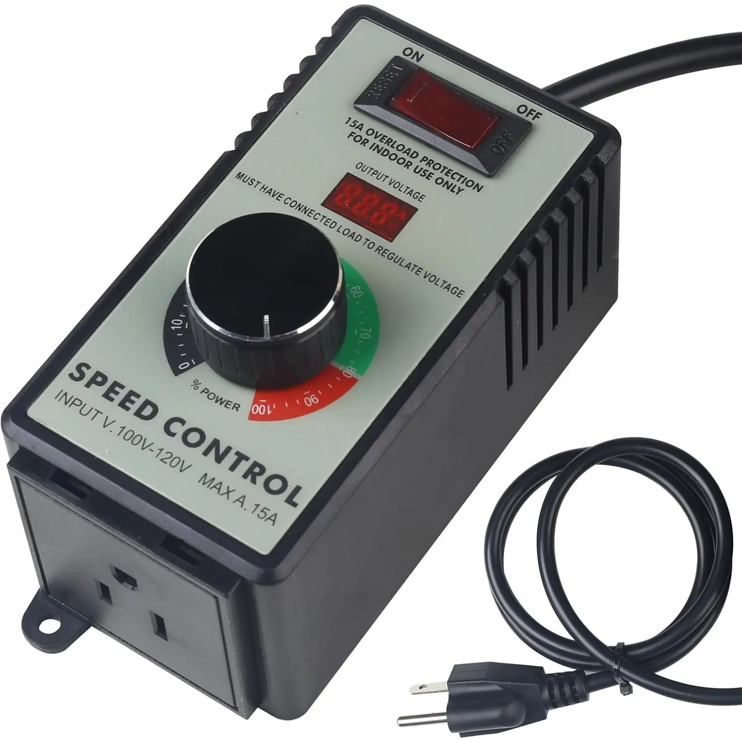 15A Max Versatile AC Motor Speed Controller (100V-120V) - Electric Fan Speed Regulator with Overload Protection, Electronic Voltage Regulation, LED Display Screen, Cable