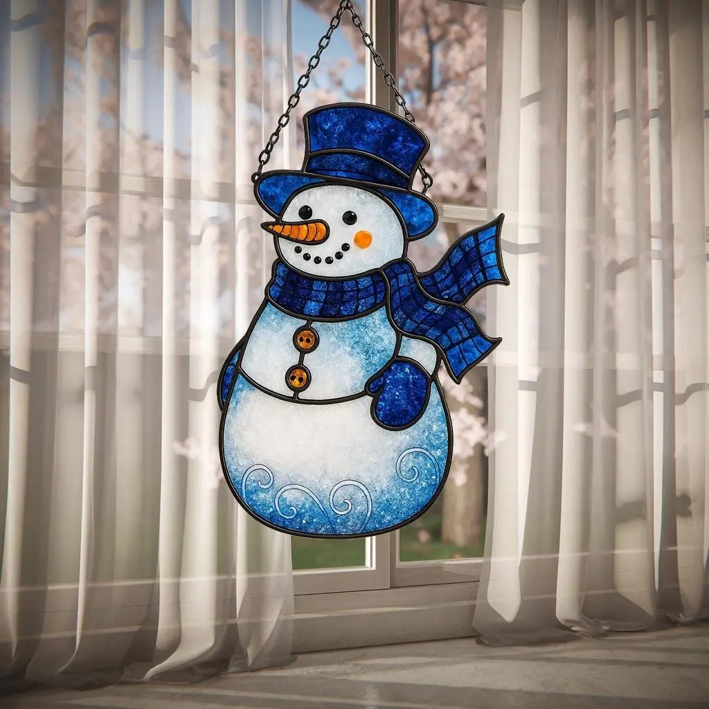 Smiling Snowman Acrylic Suncatcher Hanging Decor, Christmas Suncatcher Ornament Hanging Decor, Winter Holiday Window Hanging Decor, Gift for Snow Lovers Hanging Decor, Christmas Window Decor