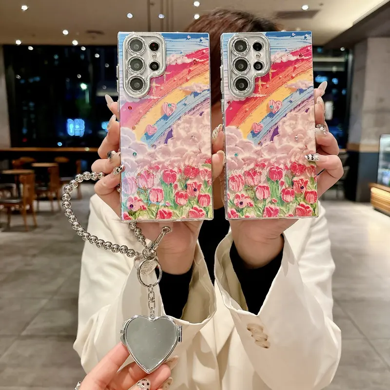 Rainbow Flowers Stylish Phone case for S25/S24 Ultra/S23 Lens Film HolderTpu Love Mirror Chain HN10