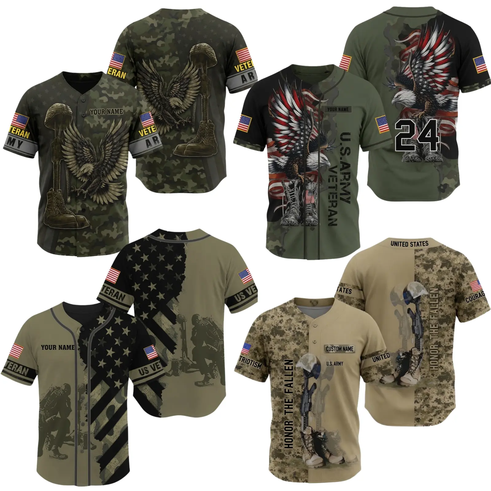 Personalization USA Patriotic Baseball Jersey, Custom Name Veteran Tribute Jersey, American Flag Military Shirt, Freedom Eagle, Army Soldier Graphic Button Up, 4th of July Apparel, 250th Independence Day USA Pride, Men'sTactical Camo Jersey Gift