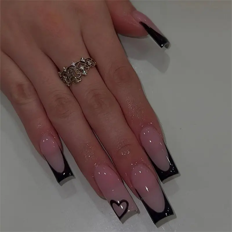 Heart Pattern French Style Press on Square Nails with Nail File & Jelly Glue, Press on False Nails 24pcs Removable Full Cover Artificial Fake Nail, Women Girls DIY Manicure, DIY Nail Kit Set