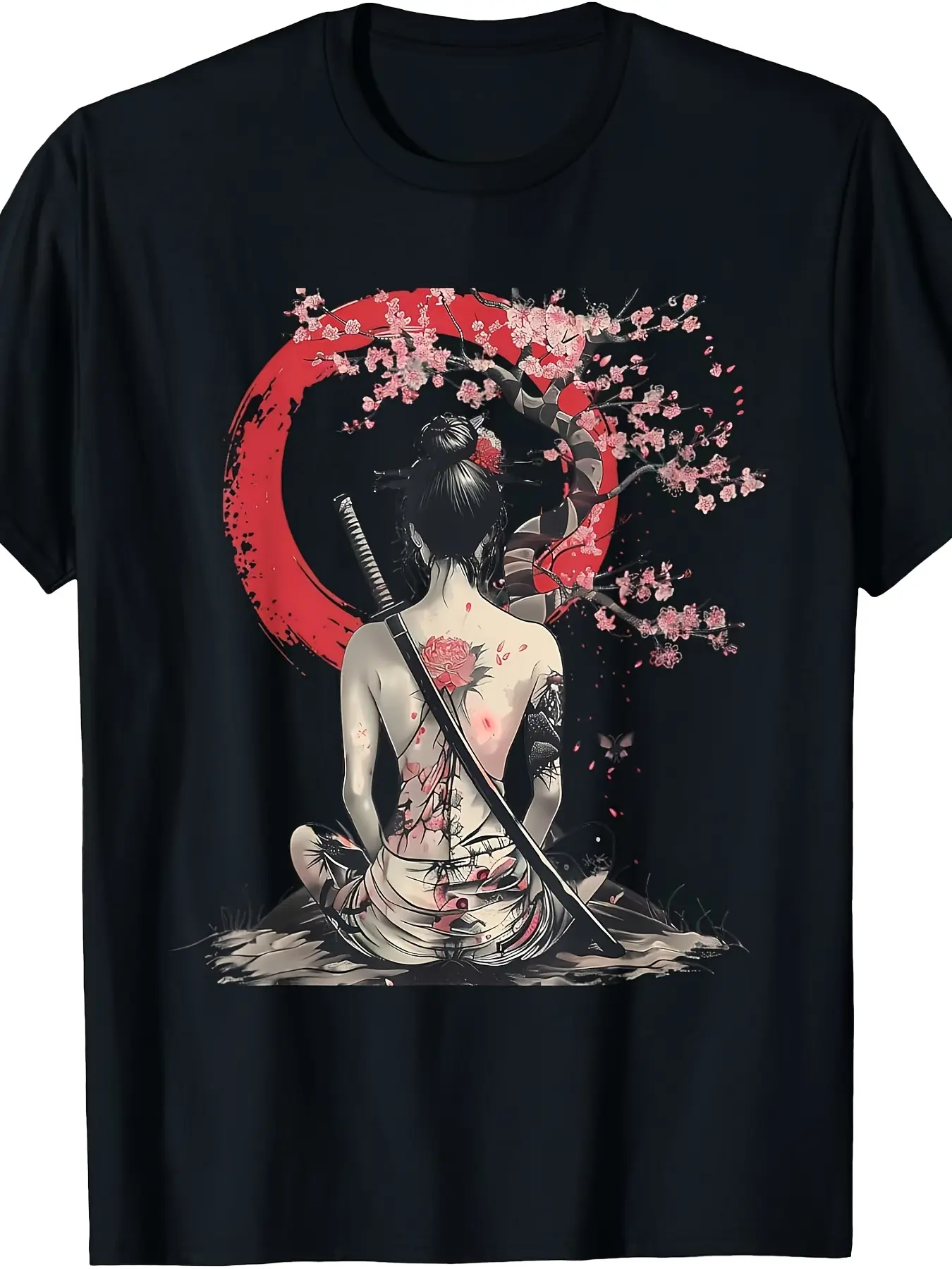 Japanese Samurai Girl Sakura Cherry Blossom Japanese Geisha T-Shirt| Same Style for Men And Women,  Summer, Short-Sleeved, Printed, Pure, 220G, Crew Neck, Vintage Style, Regular Fit, Slight Stretch Fabric, Drawing Pattern