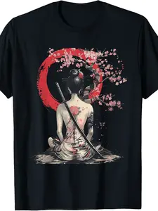 Japanese Samurai Girl Sakura Cherry Blossom Japanese Geisha T-Shirt| Same Style for Men And Women,  Summer, Short-Sleeved, Printed, Pure, 220G, Crew Neck, Vintage Style, Regular Fit, Slight Stretch Fabric, Drawing Pattern