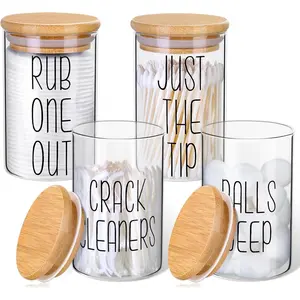 4 Pack Qtip Holder Glass Dispenser with Bamboo Lids for Bathroom Organization, Apothecary Jars for Cotton Ball Holder and Bathroom Canister Storage Great for Cotton Swabs, Balls, Floss, Bathroom Décor