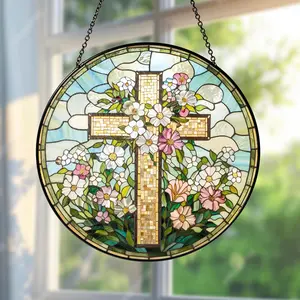 Floral Cross Stained Glass Suncatcher, Christian Cross Window Hanging, Faux Stained Glass Sun Catcher Decor, Religious Flower Window Ornament Gift