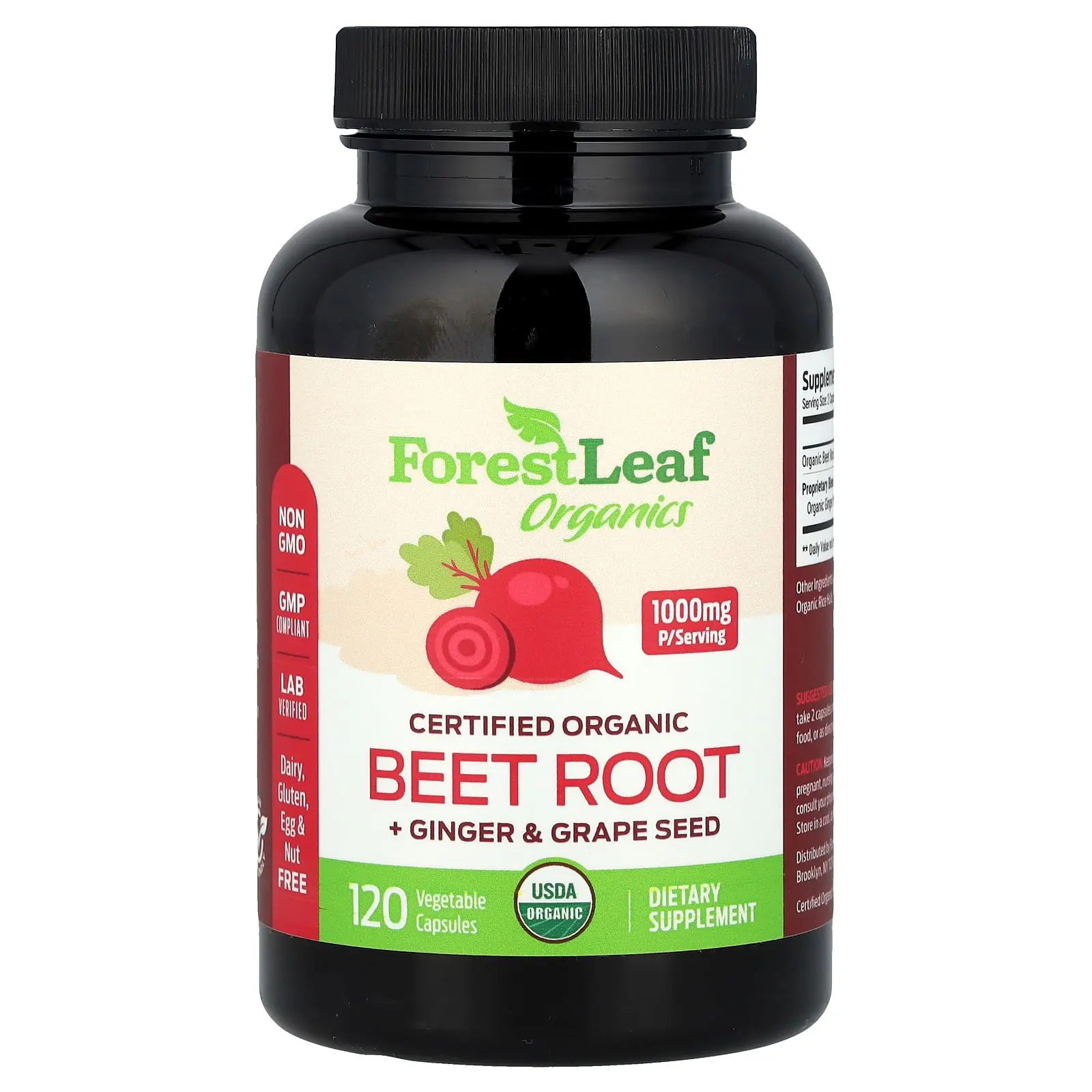 Forest Leaf Certified Organic Beet Root + Ginger & Grape Seed, 120 Vegetable Capsules