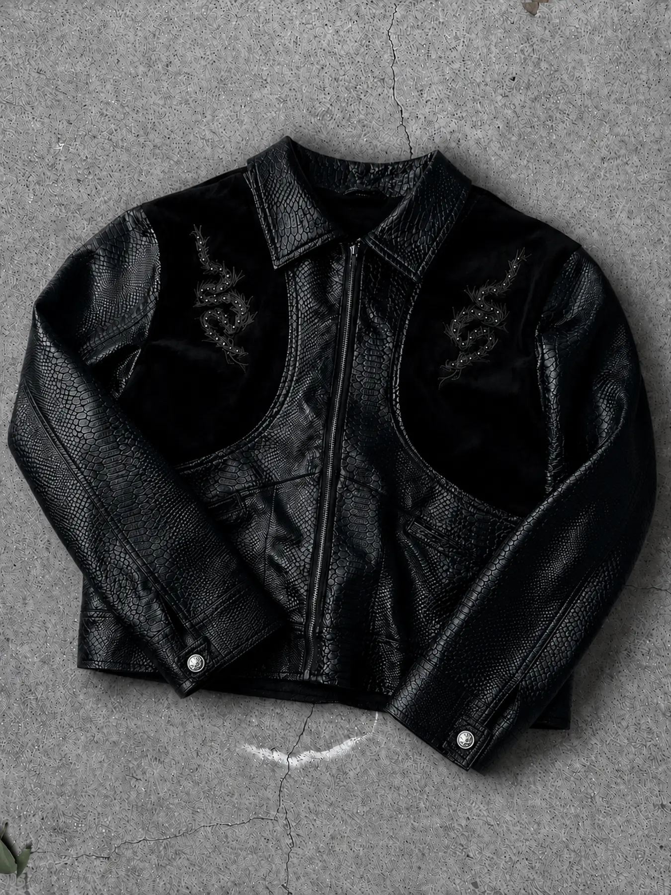 Men's Short Cropped Biker Jacket - Textured Zip-Up, Embossed Panel, Dragon Embroidered, Statement Back Detail, Chic Tops Alternative to Leather Coats for Christmas, Party, Night Out Streetwear