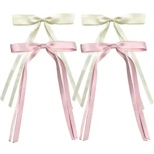 4 PCS Hair Ribbons with Long Tail in Pink and Beige, Big Ribbon Bows Satin Hair Clip for Hair Design