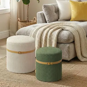 Pinmoco Corduroy Round Storage Ottoman Set of 2, Upholstered Vanity Stool, Foot Stool with Decorative Strap for Living Room Bedroom