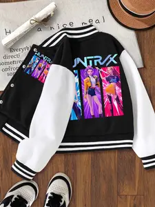 Girls Halloween Christmas Short Baseball Jacket, Teen Titans Jackets, Casual Sports School Uniform, Elastic Fabric, Youth Fashion, Fall Winter Outerwear