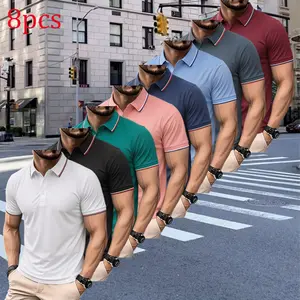 Pack of 8 men’s quick-dry moisture-wicking fabric polo shirts with ribbed cuffs—breathable and cool for all seasons, an ideal holiday gift choice. Casual sporty style; summer breathable quick-dry short-sleeve tops that are fashionable and versatile.