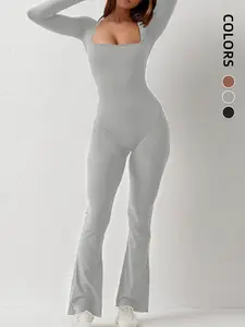 Women's Solid Color Long Sleeve Yoga Bodysuit, U Neck Design, Comfortable All-Season Workout Wear, Fashionable Gym, Sporty Comfy Jumpsuit, Yoga Workout Jumpsuits, All Season Activewear, Sportswear Jumpsuits