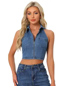 INSPIRE CHIC Zipper Up Collared Sleeveless Jean Denim Halter Top Corset