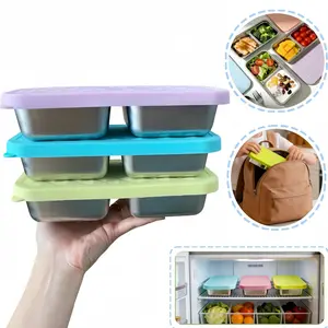 3-Piece Set Stainless Steel Snack Containers with Silicone Lids, Reusable Metal Lunch Boxes with Two Compartments, Dishwasher Safe