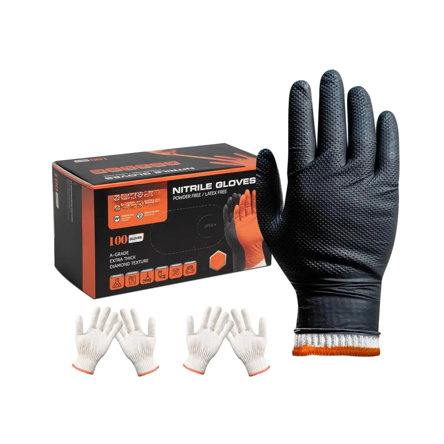 BBQ Gloves for Grilling Disposable Heat Resistant - 100  Gloves + 4 Reusable Cotton Liners for Barbecue , Cooking Hot Meat - 10Mil Thick, Non-Slip Grip - Black Large