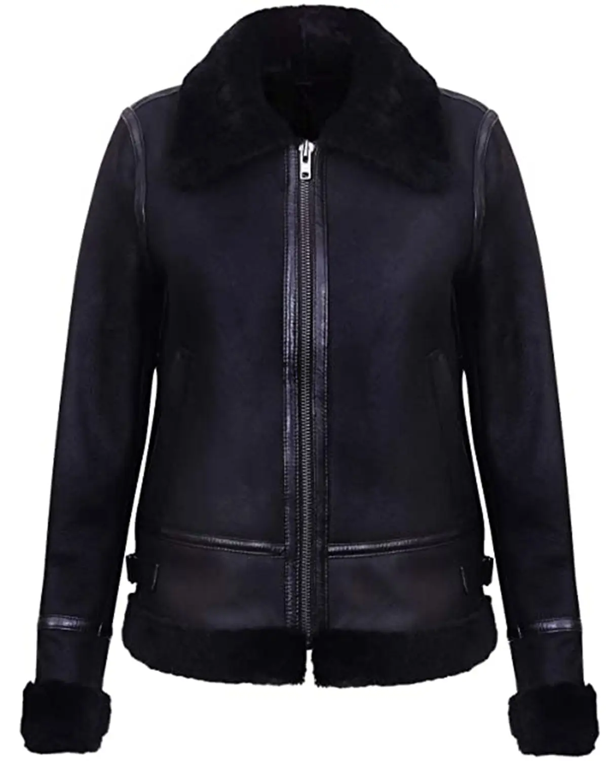 MotorCycleJackets Women's Black Aviator Biker Genuine Sheepskin Leather Jacket